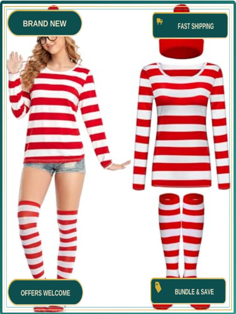 Halloween Costume Set Striped Long Sleeve T-Shirt Beanie Socks Nerd Glasses